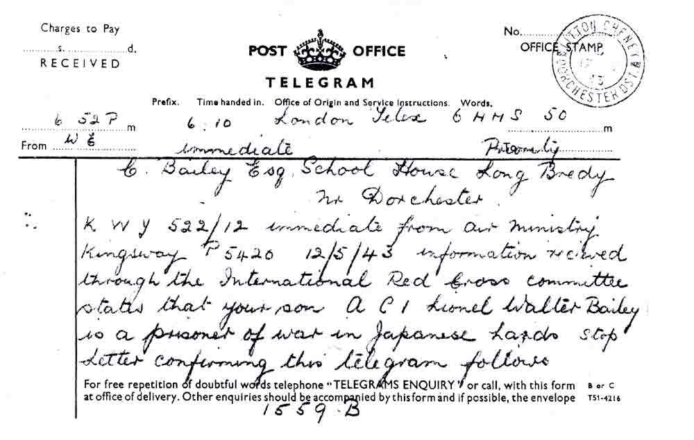 Telegram of Lionel's capture by the Japanese